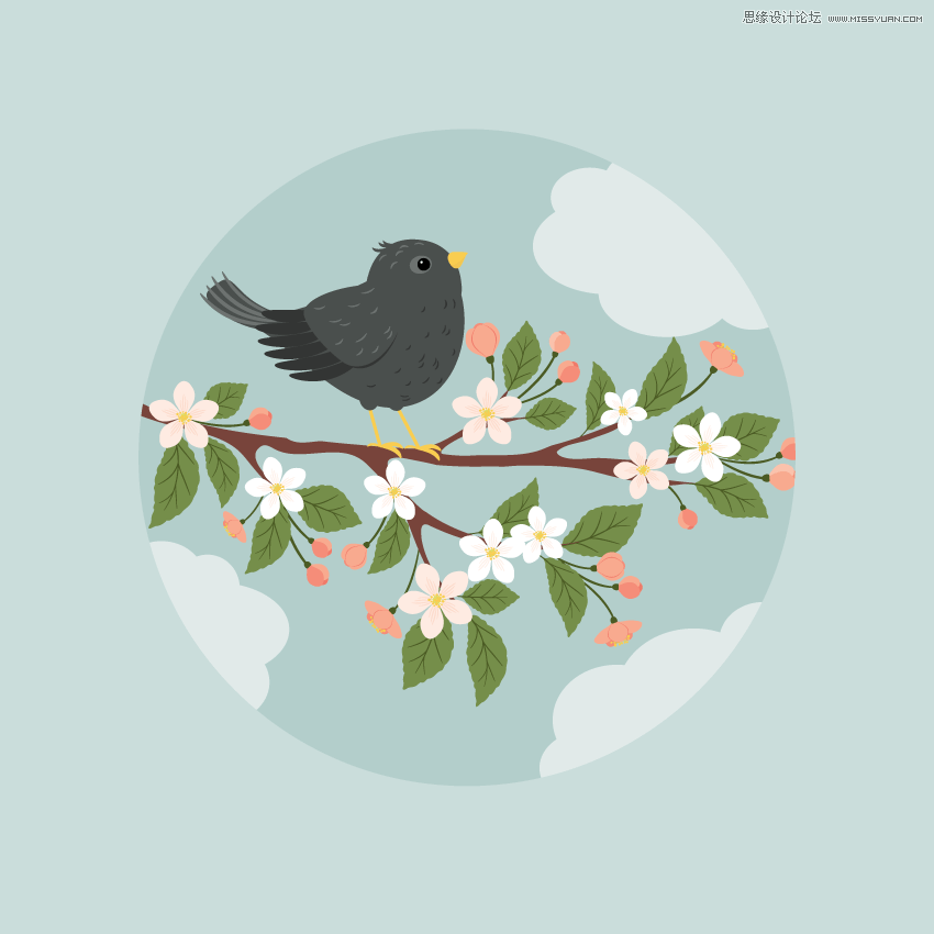 主题插画，使用Illustrator绘制在枝叶上小鸟主题插画教程